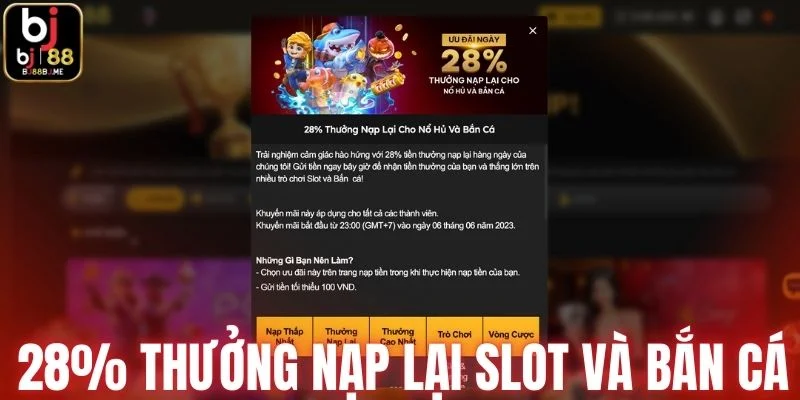 Khuyến mãi BJ88 thưởng nạp lại lên đến 28% cho nổ hũ và bắn cá