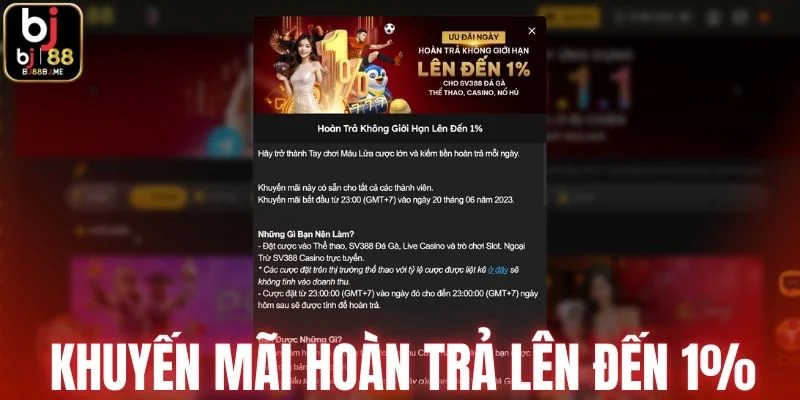 Khuyến mãi hoàn trả không giới hạn lên đến 1% tại BJ88